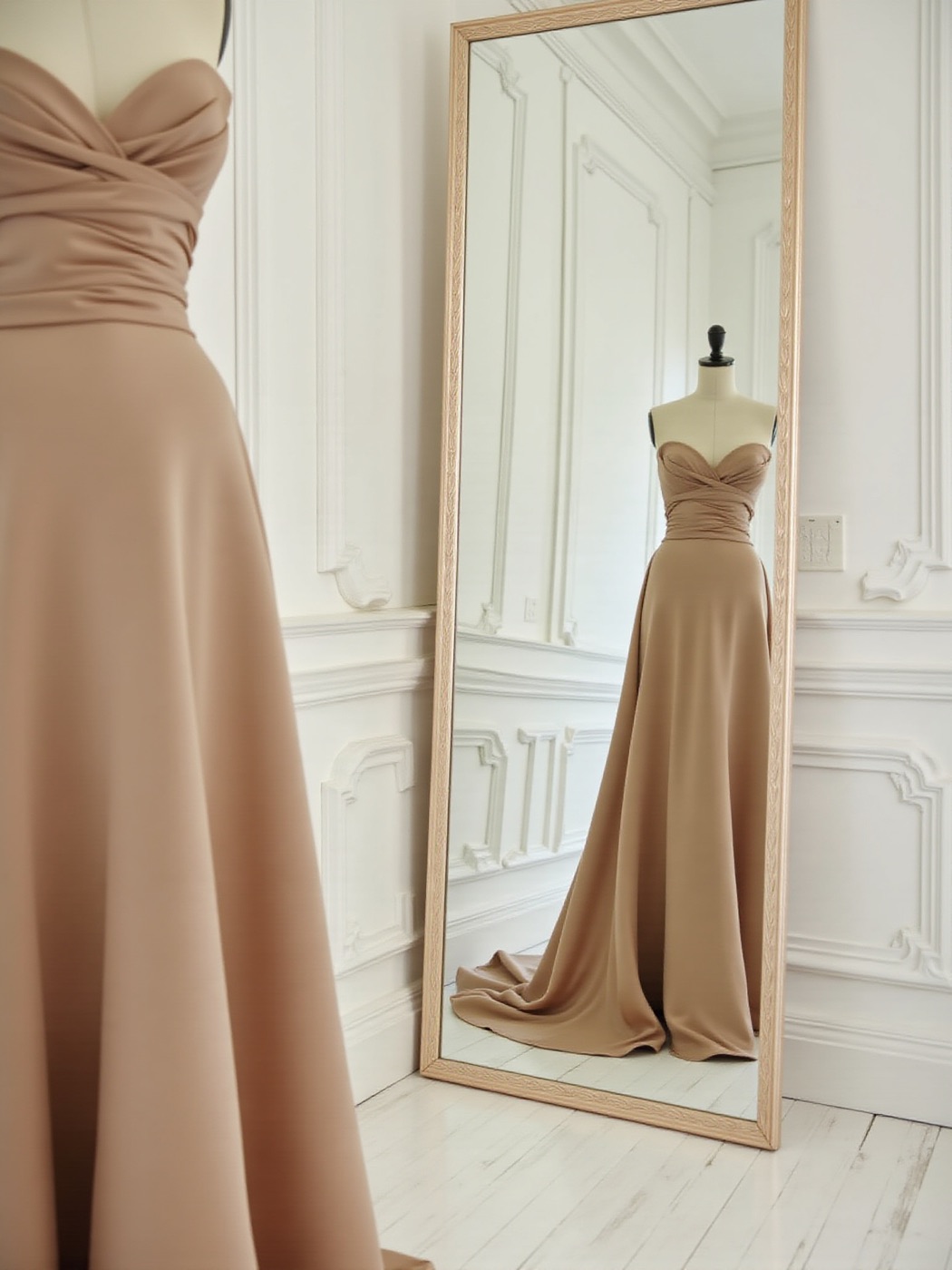 Bridal gown reflected in a mirror