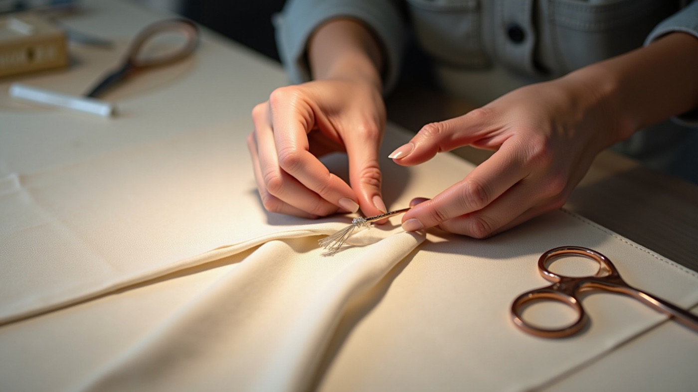 Hands sewing delicate fabric